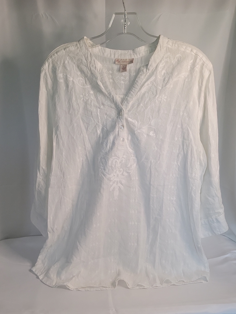 Embroidered White Henley Tunic Top - Lightweight Women's Tunic